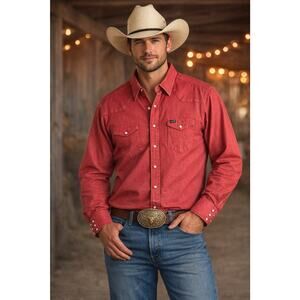 Vintage Wrangler Cotton Shirt Mens 16 Red Pearl Snap Long Tails Cowboy USA Made
